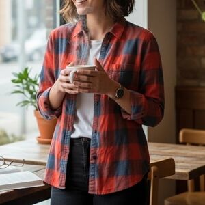 J. Crew Orange and Navy Plaid Shirt